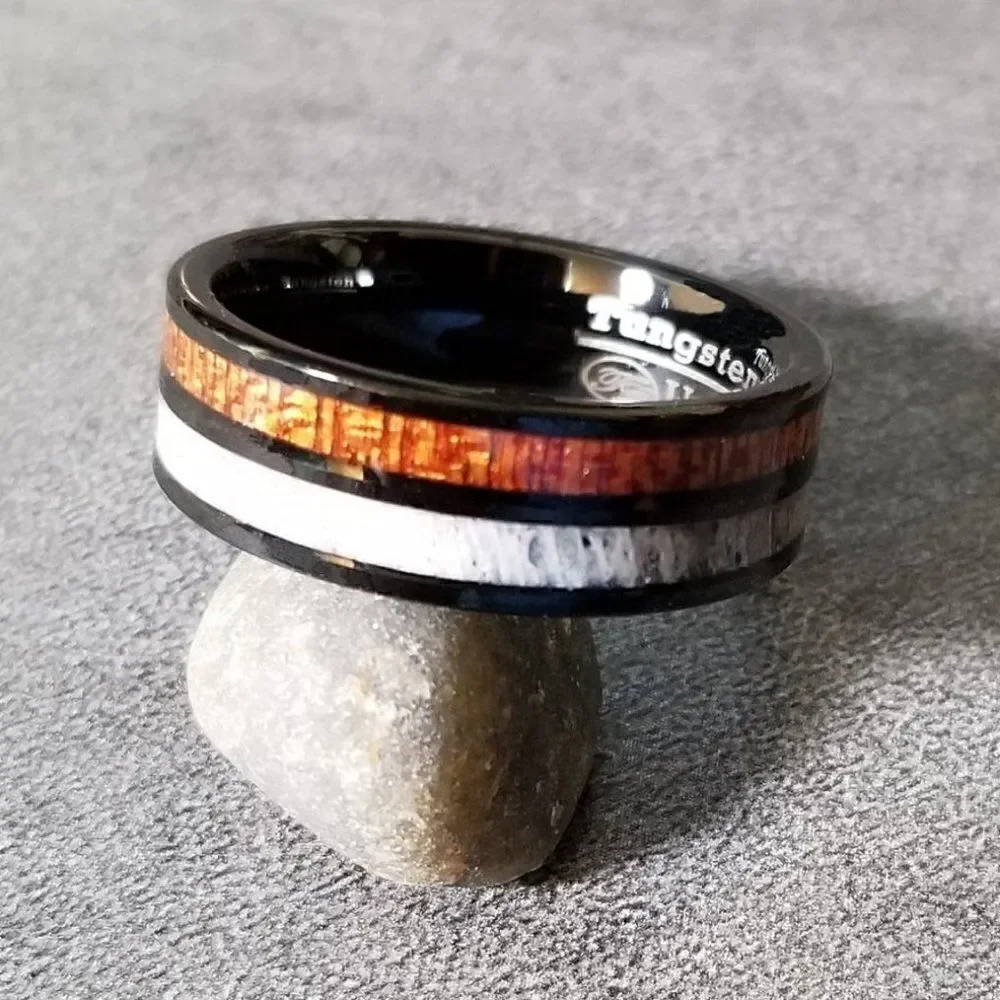 Men's Real Tungsten Wedding Ring With Deer Bone and Whiskey Barrel Wood Inlays